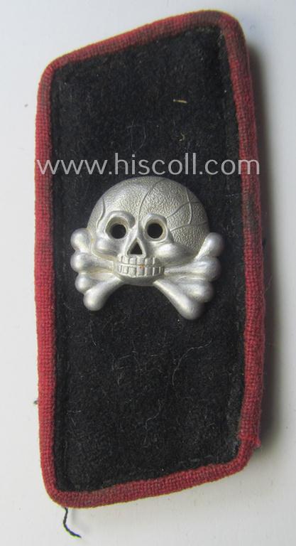 Early- (ie. mid-) war-period - albeit regrettably single! - WH (Heeres) black-coloured, woolen-based- and/or bright-pink-piped: 'Panzer'-collar-tab having an aluminium based 'Totenkopf' (ie. skull) attached
