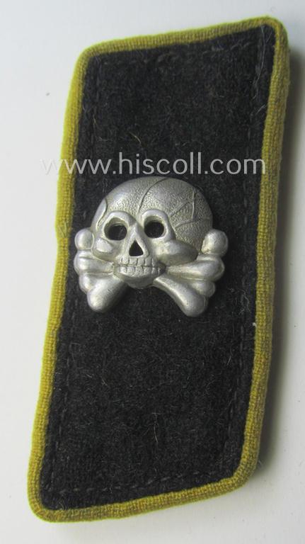 Early- (ie. mid-) war-period - albeit regrettably single! - WH (Heeres) black-coloured, woolen-based- and/or bright-yellow-piped: 'Panzer-Nachrichten'-collar-tab having an aluminium based 'Totenkopf' (ie. skull) attached