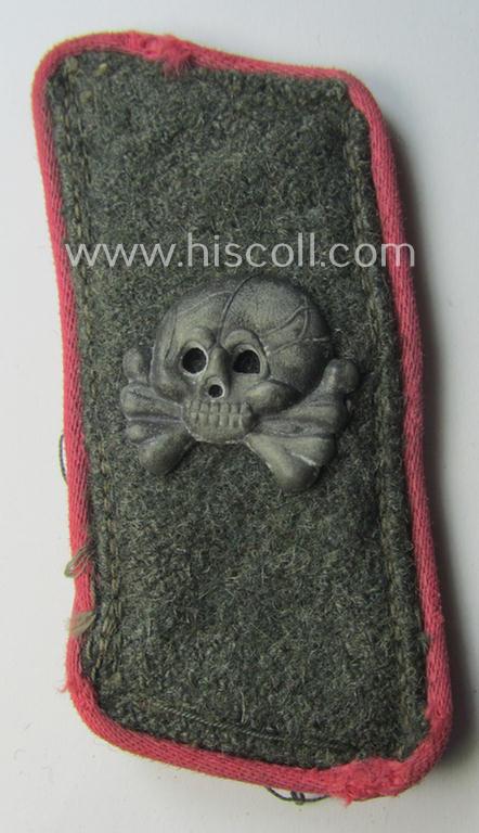 Mid- (ie. later-) war-period - albeit regrettably single! - WH (Heeres) field-grey-coloured, woolen-based- and/or bright-pink-piped: 'Sturmgeschütze'-collar-tab having a zinc- (ie. 'Feinzink'-) based 'Totenkopf' (ie. skull) attached