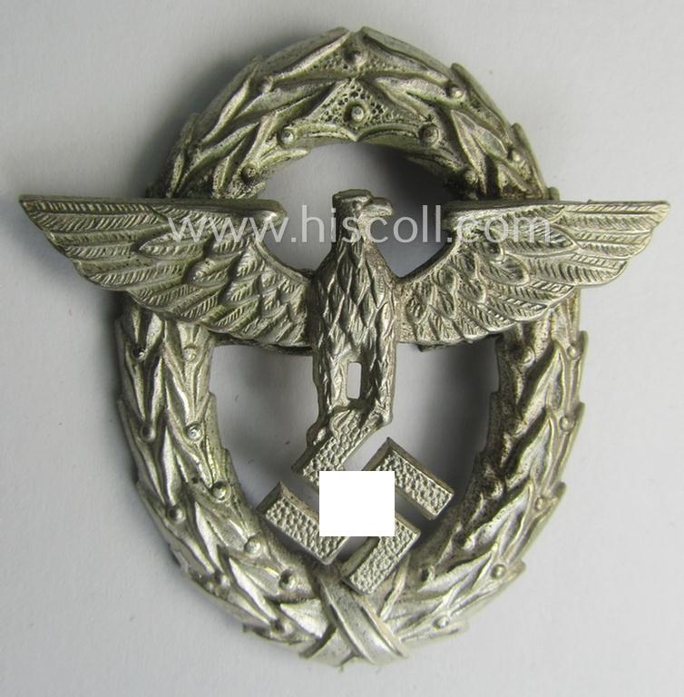 Early-period- and tarnished silvered 'Buntmetall'-based! - 'Polizei'- (ie. police) visor-cap eagle being a silver-coloured- and typical non-maker-marked example as was intended for usage on the various 'Polizei' (ie. police) visor-caps