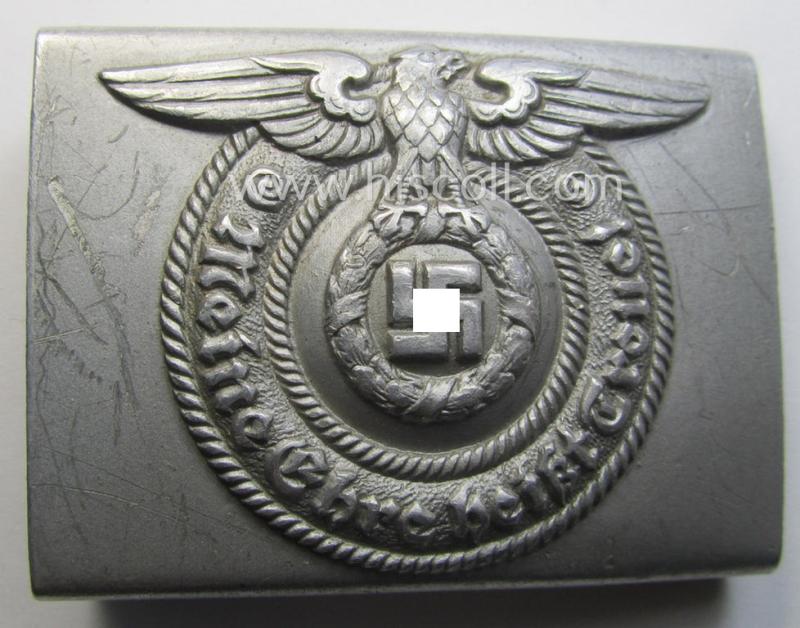 SS- (ie. Waffen-SS), aluminium-based, enlisted-mens'- (ie. NCO-type-) belt-buckle being a neatly maker- (ie. 'RzM - 36/40 - SS'-) marked example that comes in a moderately used- ie. worn, condition