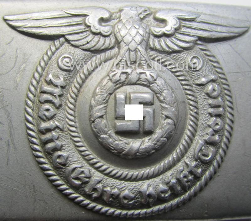 SS- (ie. Waffen-SS), aluminium-based, enlisted-mens'- (ie. NCO-type-) belt-buckle being a neatly maker- (ie. 'RzM - 36/40 - SS'-) marked example that comes in a moderately used- ie. worn, condition
