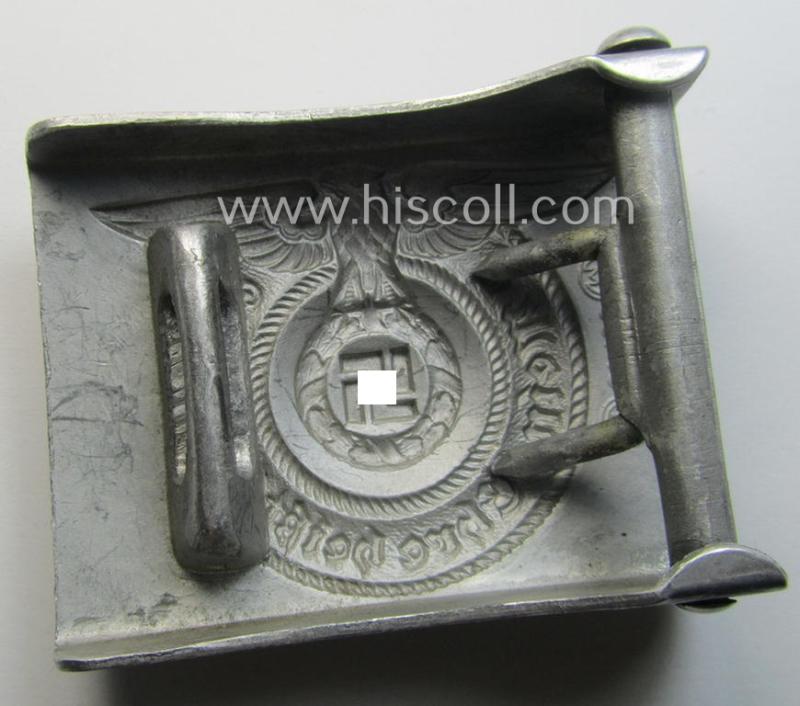 SS- (ie. Waffen-SS), aluminium-based, enlisted-mens'- (ie. NCO-type-) belt-buckle being a neatly maker- (ie. 'RzM - 36/40 - SS'-) marked example that comes in a moderately used- ie. worn, condition