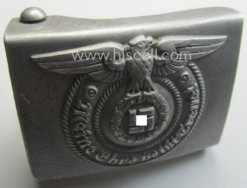 SS- (ie. Waffen-SS), aluminium-based, enlisted-mens'- (ie. NCO-type-) belt-buckle being a neatly maker- (ie. 'RzM - 36/40 - SS'-) marked example that comes in a moderately used- ie. worn, condition