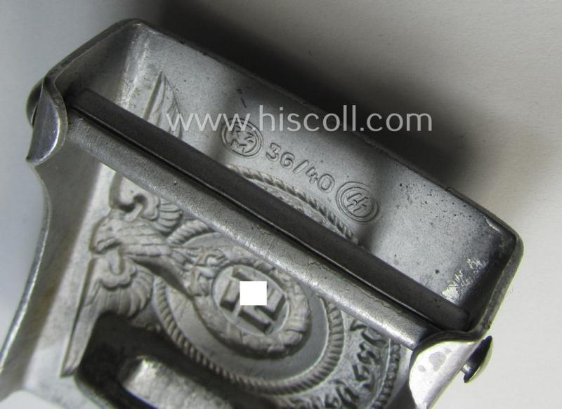 SS- (ie. Waffen-SS), aluminium-based, enlisted-mens'- (ie. NCO-type-) belt-buckle being a neatly maker- (ie. 'RzM - 36/40 - SS'-) marked example that comes in a moderately used- ie. worn, condition