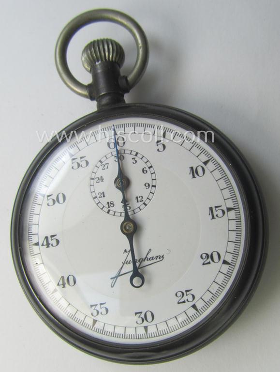 WWII-period- (ie. 'Deutsche Wehrmacht'-related-) pocket-chronograph (ie. 'Dienstchronograph') of the make: 'Junghans', having a white-coloured dial-plate and that comes in a 'virtually mint'- and/or fully functional condition