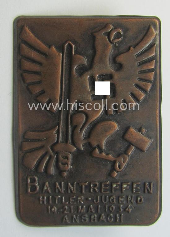 Darker-bronze-toned HJ ('Hitlerjugend') related 'tinnie' being a maker- (ie. 'Deschler - Ansbach'-) marked example showing the text: 'Banntreffen Hitler-Jugend - 29.-21. Mai 1934 - Ansbach'