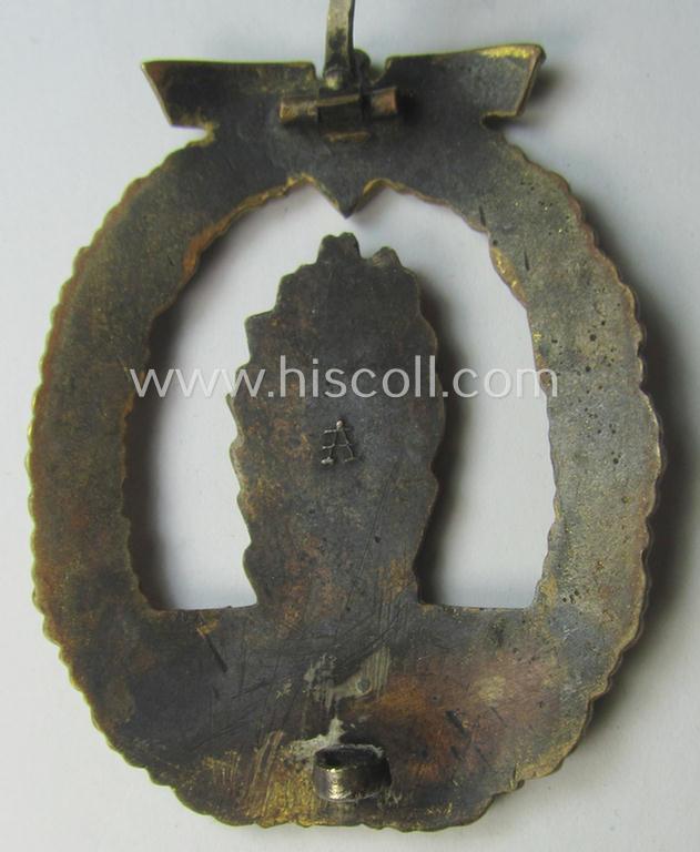 Period 'vaulted', WH (KM) 'Kriegsabzeichen für Minensuch-, U-Boot-Jagd und Sicherungs-Verbände' being a clearly maker- (ie. 'Assmann'-) marked example as executed in multi-coloured metal (ie. 'Buntmetall')