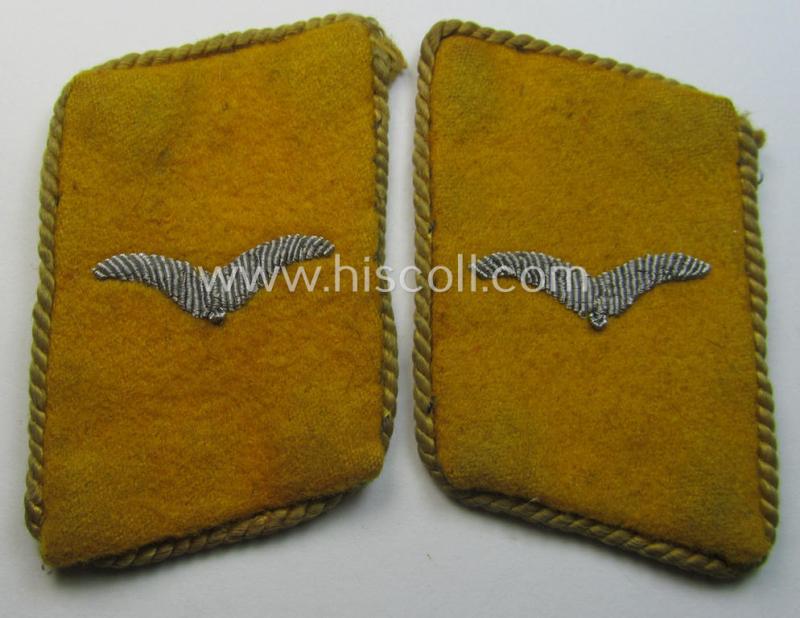 Very unususal - and actually never before by me encountered! - pair of WH (LW) hand-embroidered- and golden-yellow piped EM- (ie. NCO-) type collar-patches (ie. 'Kragenspiegel') 'Flieger- o. Fallschirmjäger'
