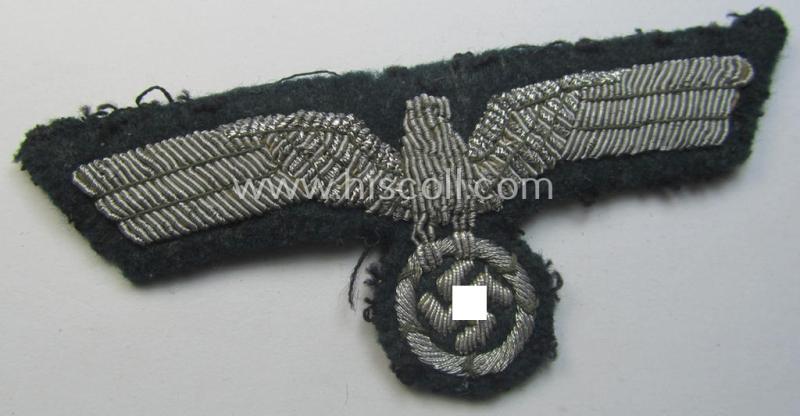 WH (Heeres) officers'-type, hand-embroidered breast-eagle (ie. 'Brustadler für Offiziere') as was executed in bright-silverish-coloured braid as was intended for usage on the various officers'-pattern tunics