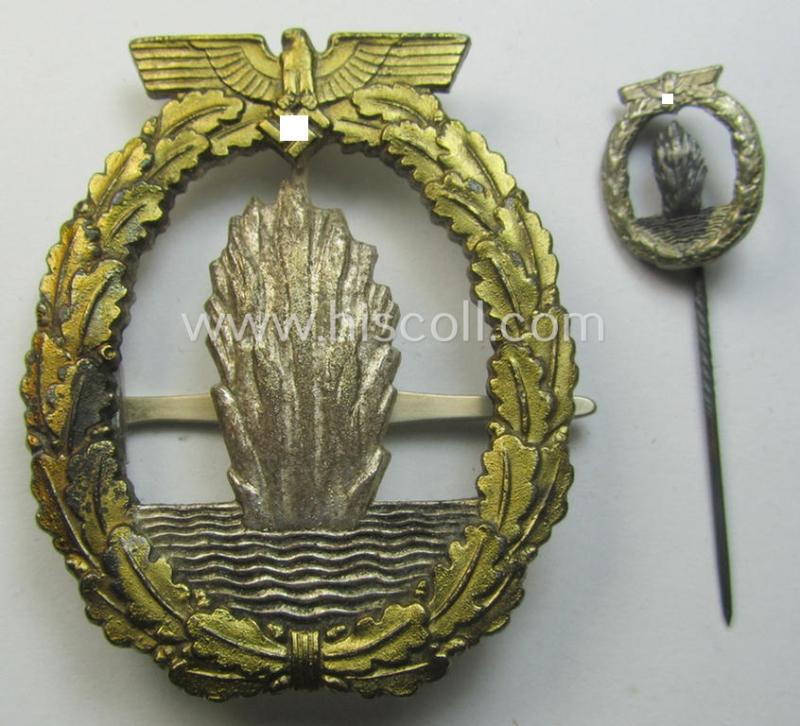 WH (KM) 'Kriegsabzeichen für Minensuch-, U-Boot-Jagd und Sicherungs-Verbände' (being a non-marked example as produced by the 'Wilh. Deumer'-company) as was executed in multi-coloured 'Buntmetall' and that comes with its miniature as found