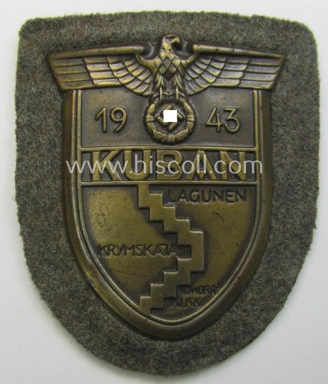 WH (Heeres ie. Waffen-SS) 'Kuban'-campaign-shield that comes mounted onto its original field-grey-coloured- and/or woolen-based 'backing'