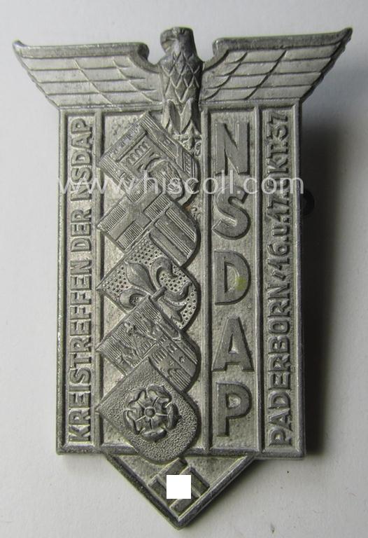 N.S.D.A.P.-related 'tinnie' being a maker- (ie. 'S&L'-) marked example depicting an eagle-device resting on a swastika and various provincial shields surrounded by the text: 'Kreistreffen N.S.D.A.P. - Paderborn - 16. u. 17. Okt. 1937'