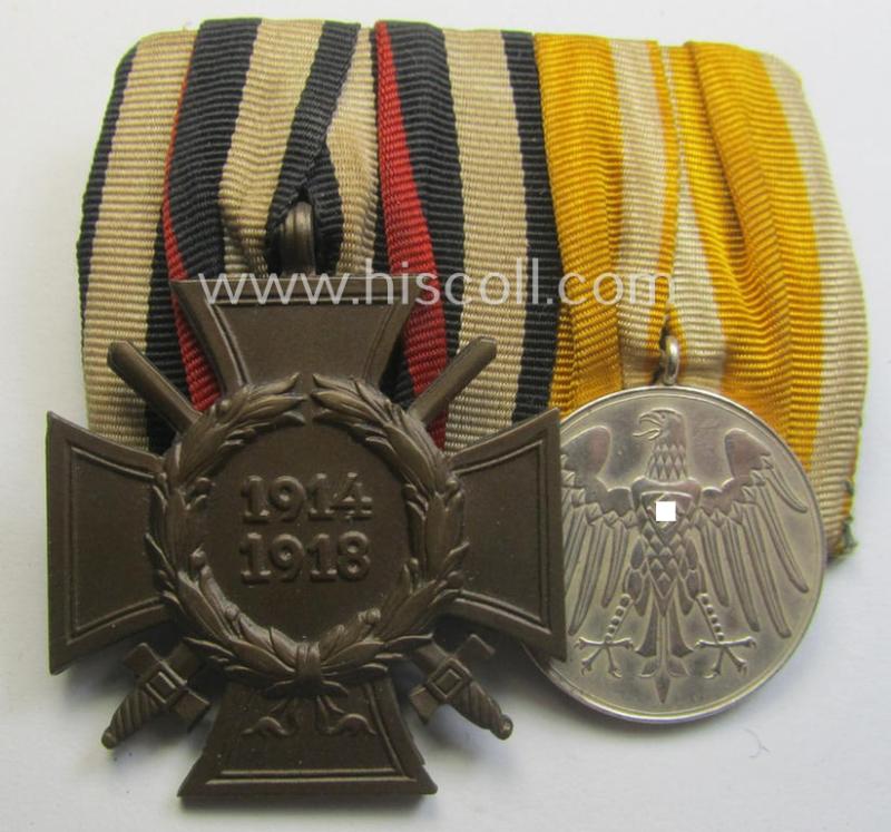 WWI- (ie. TR-) period 'Orden- o. Doppelspange' depicting a: 'Kriegsteilnehmerkreuz mit Schwn.' and a (scarcely seen!): 'Erinnerungsmedaille für Rettung aus Gefahr'