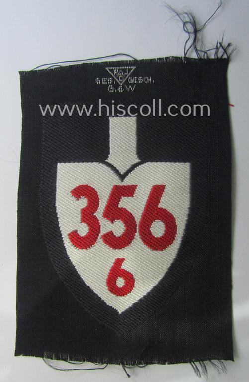 'BeVo'-woven, enlisted-mens'- (ie. NCOs'-) pattern so-called: RAD (ie. 'Reichsarbeitsdienst') sleeve-badge (or: 'Dienststellenabzeichen') bearing the specialist- ie. unit-designation that reads: '356/6'