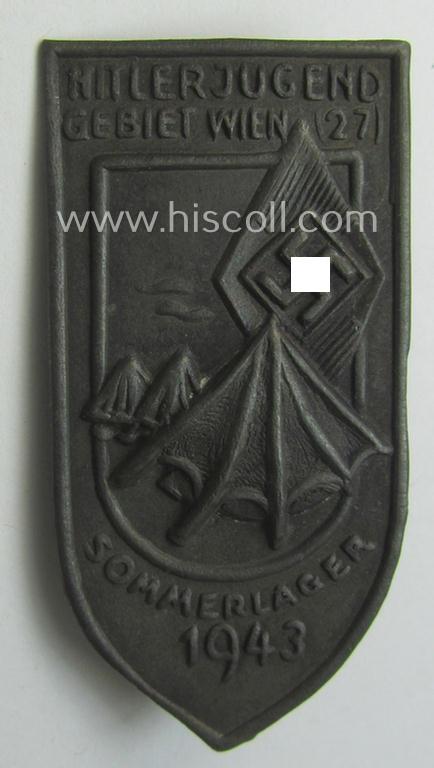 HJ (ie. 'Hitlerjugend') related 'tinnie' being a non-maker-marked example as executed in silver-toned 'pot-metal' and showing the text: 'Hitlerjugend - Gebiet Wien (27) - Sommerlager 1943'