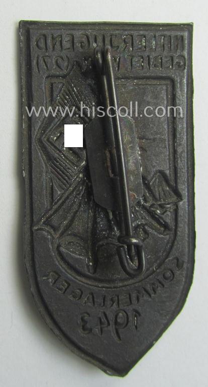 HJ (ie. 'Hitlerjugend') related 'tinnie' being a non-maker-marked example as executed in silver-toned 'pot-metal' and showing the text: 'Hitlerjugend - Gebiet Wien (27) - Sommerlager 1943'