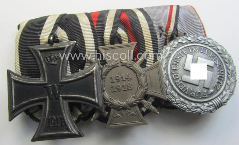 Unusually found, 3-pieced WWI- (ie. TR-) period medal-bar (ie. 'Ordenspange') respectively depicting a WWI-period: 'EKII.Kl.', a: Frontkämpferkreuz 1914-18' (ie.: 'Kriegsteilnehmerkreuz mit Schw.') and a: 'Luftschutz-Ehrenzeichen 2. Stufe'