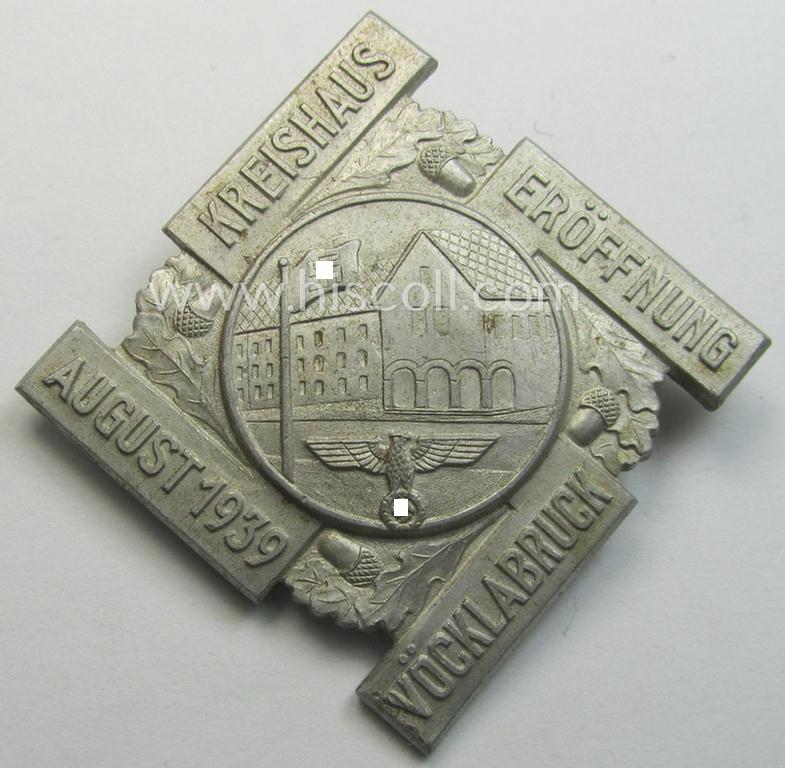 N.S.D.A.P.-related, Austrian 'tinnie' being a maker- (ie. 'Ulbricht - Wien'-) marked example depicting an NSDAP-office and eagle-device resting on a swastika and showing the text: 'Kreishaus Eröffnung - Vöcklabruck - August 1939'