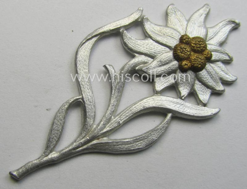 SA- (ie. 'Sturmabteilungen'-) related bright-silverish-coloured- and/or aluminium-based collar-tab- (ie. cap-) badge ie. device depicting an: 'Edelweiss'-flower (being an: 'RzM 155'-marked specimen)