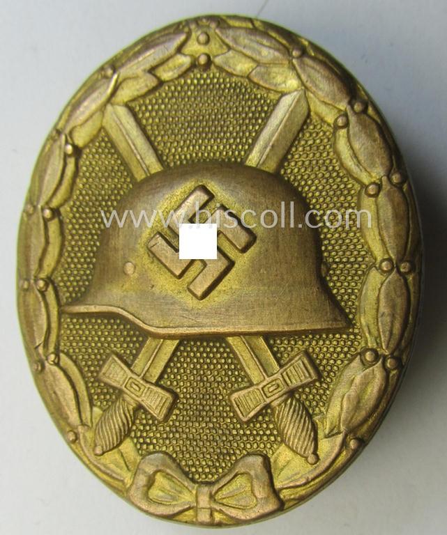 Luxuriously-styled - albeit moderately used- and/or worn! - 'Verwundeten-Abzeichen in Gold' being a typical non-maker-marked- and/or: 'Buntmetall'-based example as was (I deem) produced by the maker: 'Hauptmünzamt Wien'