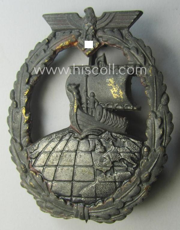 WH (KM) 'Hilfskreuzer-Kriegsabzeichen' (or: auxiliary-cruiser war-badge) being a typical, maker- (ie. 'R.S.'-) marked- and/or: 'Feinzink'-based example as was produced by the: 'Rudolf Souval'-company