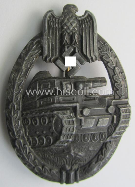 'Panzerkampfabzeichen in Bronze' (or: hollow-back, bronze-class panzer assault badge or PAB) being a neat zinc- (ie. 'Feinzink'-) version (of the so-called: 'first'-pattern) as was procuced by the: 'Paul Meybauer'-company
