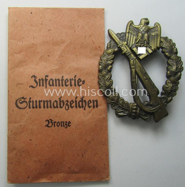 WH (Heeres- ie. Waffen-SS) 'Infanterie-Sturmabzeichen in Bronze' (or bronze-class IAB) being a neatly maker- (ie. 'JFS'-) marked example that comes stored in its (rarely seen!) 'Zellstoff'-based pouch