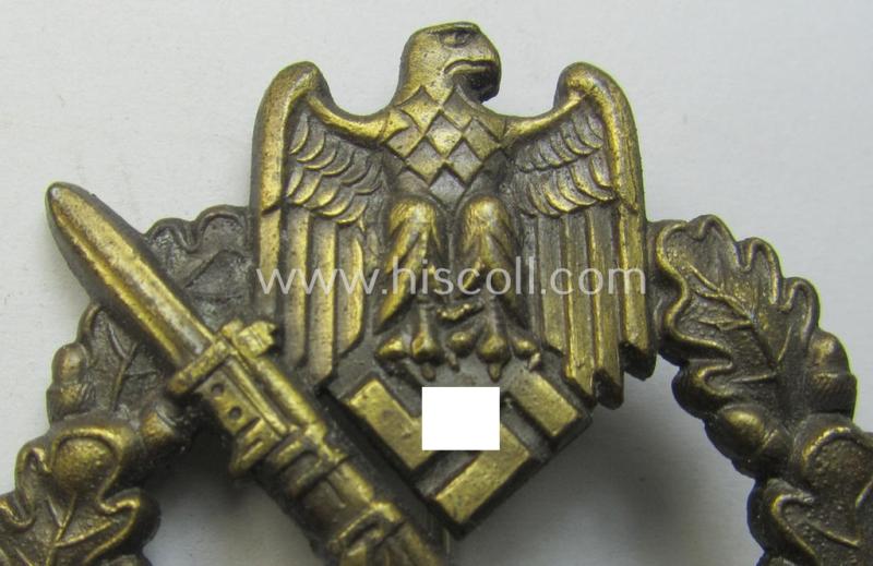 WH (Heeres- ie. Waffen-SS) 'Infanterie-Sturmabzeichen in Bronze' (or bronze-class IAB) being a neatly maker- (ie. 'JFS'-) marked example that comes stored in its (rarely seen!) 'Zellstoff'-based pouch