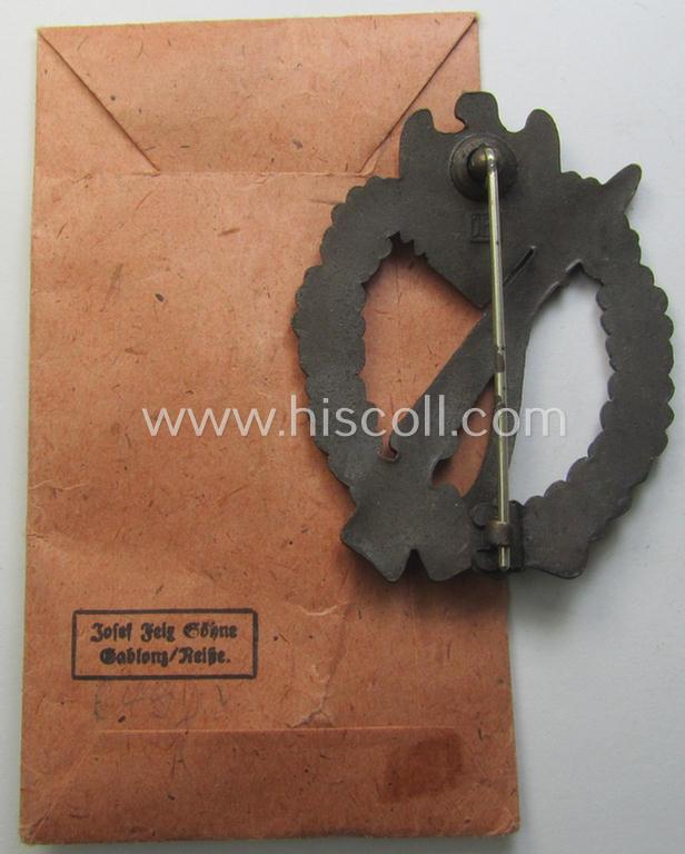 WH (Heeres- ie. Waffen-SS) 'Infanterie-Sturmabzeichen in Bronze' (or bronze-class IAB) being a neatly maker- (ie. 'JFS'-) marked example that comes stored in its (rarely seen!) 'Zellstoff'-based pouch
