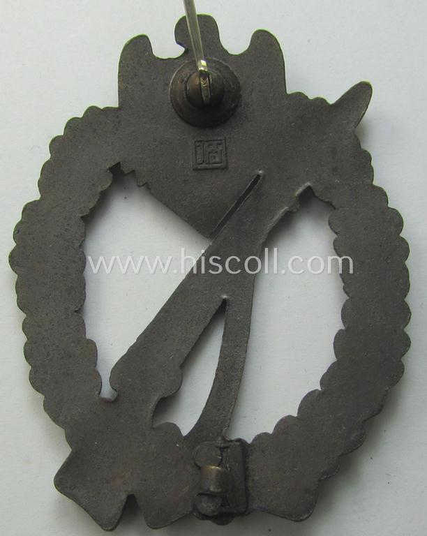 WH (Heeres- ie. Waffen-SS) 'Infanterie-Sturmabzeichen in Bronze' (or bronze-class IAB) being a neatly maker- (ie. 'JFS'-) marked example that comes stored in its (rarely seen!) 'Zellstoff'-based pouch