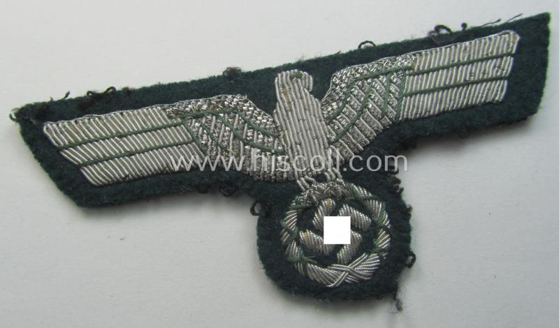 WH (Heeres) officers'-type, hand-embroidered breast-eagle (ie. 'Brustadler für Offiziere') as was executed in bright-silverish-coloured braid as was intended for usage on the various officers'-pattern tunics