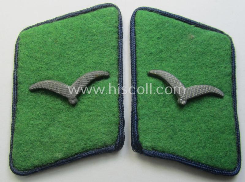 Pair of fully matching, bright-green-coloured- (and/or darker-blue-piped-) WH (Luftwaffe) collar-patches (ie. 'Kragenspiegel') as was intended for usage by a: 'Soldat der LW-Felddivisionen'