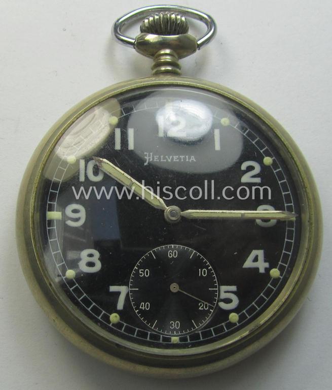 Non-functional 'Deutsche Wehrmacht'- (ie. typical WWII-period!) pocket-watch (ie. 'Dienstuhr') of the make: 'Helvetia' having a black-coloured dial-plate and/or engraved back-plate that reads: 'D 19942 H'