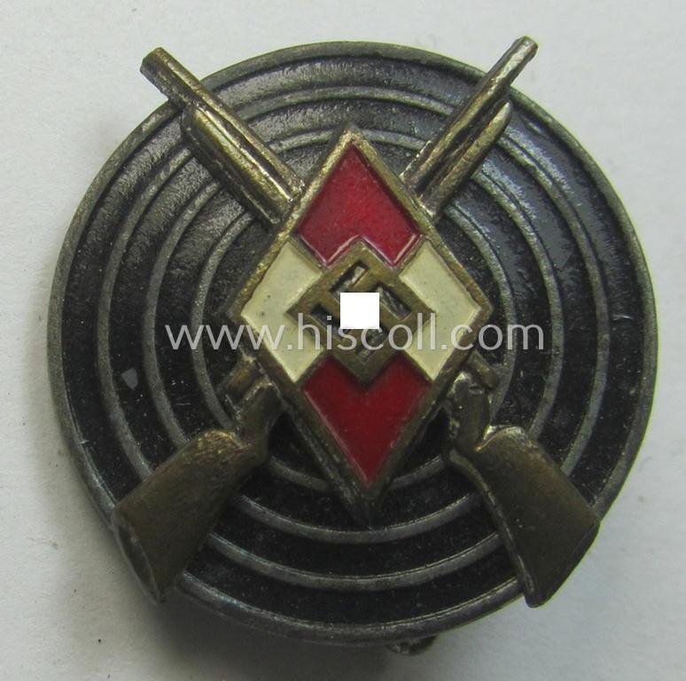 Later-war-period, HJ ('Hitlerjugend') so-called: 'HJ-Schiessauszeichnung' (or: HJ shooting- ie. marksmans'-badge) being a nicely maker- (ie. 'RzM - M1/120'-) marked example as executed in laquered zinc-based metal (ie. 'Feinzink')