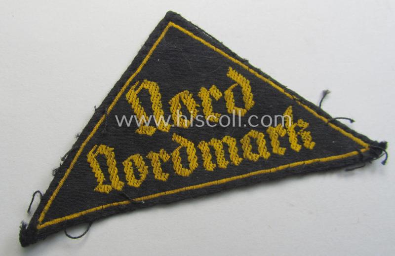 'HJ' ('Hitlerjugend') district-triangle (ie. 'Gebietsdreieck') entitled: 'Nord Nordmark' (being a clearly used- ie worn example that misses its 'RzM'-etiket)