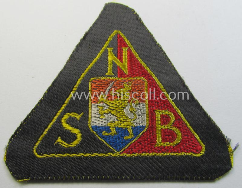 Presumably Dutch-produced example of an early-pattern (and neatly machine-woven!) NSB- (or: 'Nationaal Socialistische Beweging'-) related arm-patch as was intended for usage on the black-coloured shirts and/or tunics