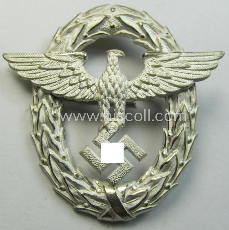 Early-period- and tarnished silvered 'Buntmetall'-based! - 'Polizei'- (ie. police) visor-cap eagle being a silver-coloured- and typical non-maker-marked example as was intended for usage on the various 'Polizei' (ie. police) visor-caps