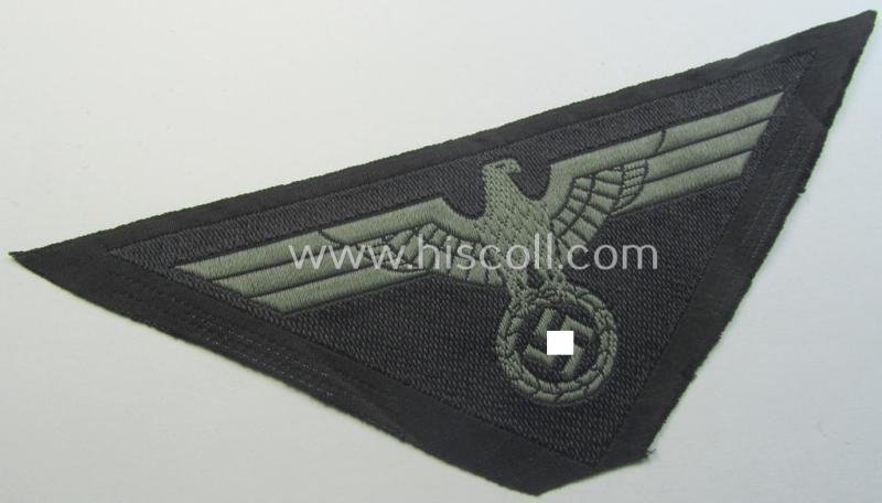 Later-war-period, WH (Heeres) - ie. 'Panzer'-related, so-called: 'M44'-pattern, trapezoid-shaped breasteagle being a greyish-coloured example as executed in the 'BeVo'-weave pattern on a black-coloured background