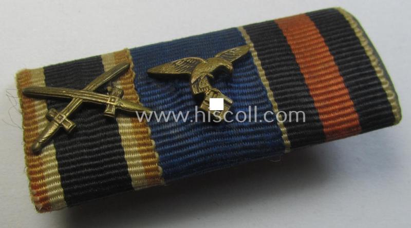 Three-pieced, WH (Luftwaffe) ribbon-bar (ie. 'Band- o. Feldspange') resp. showing the ribbons for a: 'KvKII. Kl. m. Schw.', a: WH (Luftwaffe) 'Dienstauszeichnung' (of the 4th class) and a: Czech 'Anschluss'-medal