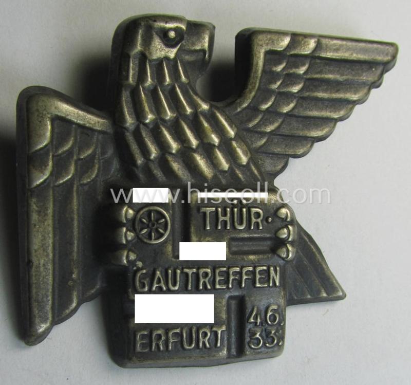 Silverish-toned, N.S.D.A.P.-related day-badge (ie. 'tinnie' or: 'Veranstaltungsabzeichen') as was issued to commemorate a party-related meeting entitled: 'Thür. Gautreffen - Erfurt - 4.6.33'