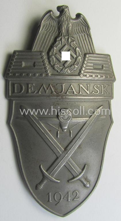'Virtually mint' - albeit regrettably incomplete - example of a WH (Heeres ie. Waffen-SS) 'Demjansk'-campaign-shield as executed in typical magnetic, so-called: 'Eisenblech'