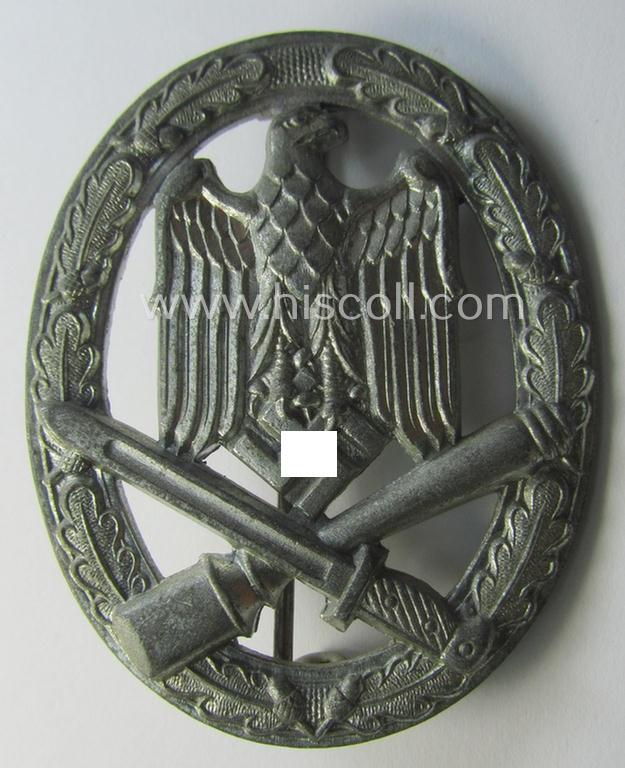 'Allgemeines Sturmabzeichen' (or: General Assault Badge ie. GAB) being a typical unmarked, zinc- (ie. 'Feinzink'-) based so-called: 'flat-back'-pattern by a (by me) unidentified maker