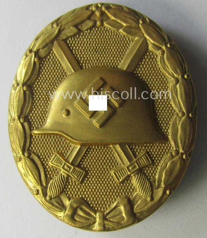 Luxuriously-styled - and I deem hardly used- nor worn! - 'Verwundeten-Abzeichen in Gold' being a typical maker- (ie. '30'-) marked- and/or: 'Buntmetall'-based example as was produced by the maker: 'Hauptmünzamt Wien'