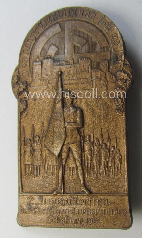 Unusual, 'Deutscher Turnerbund'-related 'tinnie' being a maker- (ie. 'P. Koppenwall'-) marked example depicting a stylished DT-device ie. logo, flag-bearer and text: '2. Jugendtreffen des deutschen Turnerbundes - Salzburg - 1931'