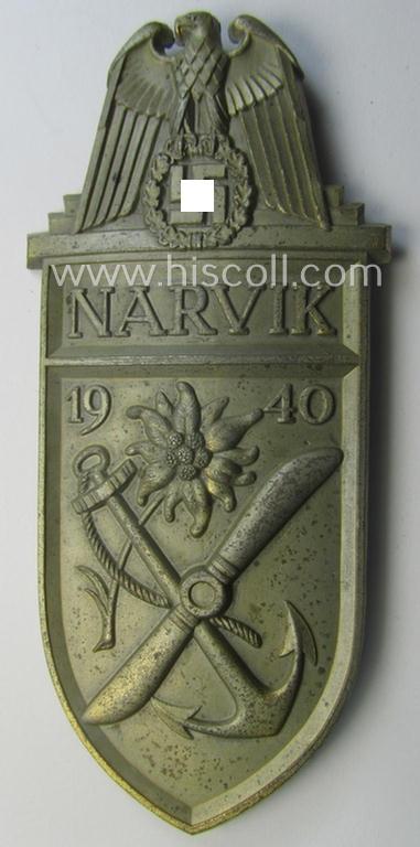 'Virtually mint' - albeit regrettably incomplete - example of a WH (Kriegsmarine) 'Narvik'-campaign-shield as executed in typical: 'Feinzink' (as was presumably produced by the: 'Wilhelm Deumer'-company)