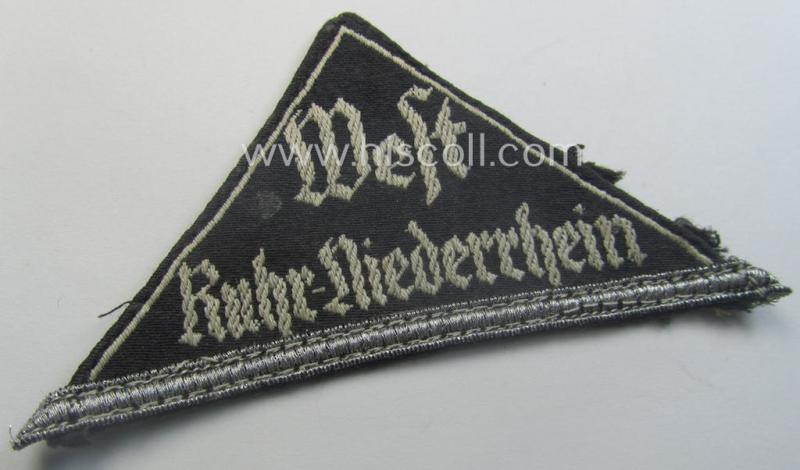 HJ- ie. BDM (ie. 'Hitlerjugend' or: 'Bund Deutscher Mädel') district-triangle (ie. 'Gebietsdreieck') entitled: 'West Ruhr-Niederrhein' (showing a period-attached, silver-toned 'honorary rank-stripe' signifying BDM-membership before 1933)