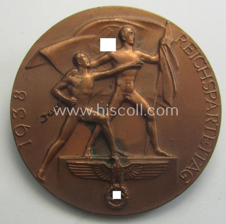 Luxuriously-styled (and 'Cupal'-based!) N.S.D.A.P.-related 'tinnie' (ie. 'Tagungs- o. Veranstaltungsabzeichen') being a neatly-maker- (ie. 'G. Brehmer - RzM M9/4'-) marked example showing the text: 'Reichsparteitag 1938'