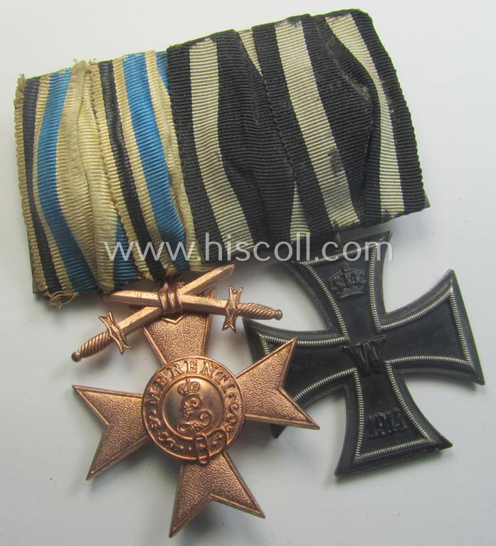 WWI-period, so-called: 'Doppelspange' (being of the neat 'detachable'-pattern!) showing resp. a: 'Bayern Militär-Verdienstkreuz 3. Kl. mit Schwn.' and a WWI-pattern: 'EK II. Klasse'
