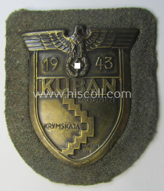 WH (Heeres ie. Waffen-SS) 'Kuban'-campaign-shield that comes mounted onto its original field-grey-coloured- and/or woolen-based 'backing'